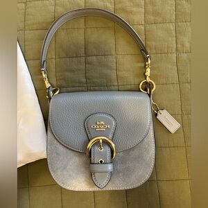 Authentic Coach Grey Leather and Suede Shoulder Bag with Brass Accents